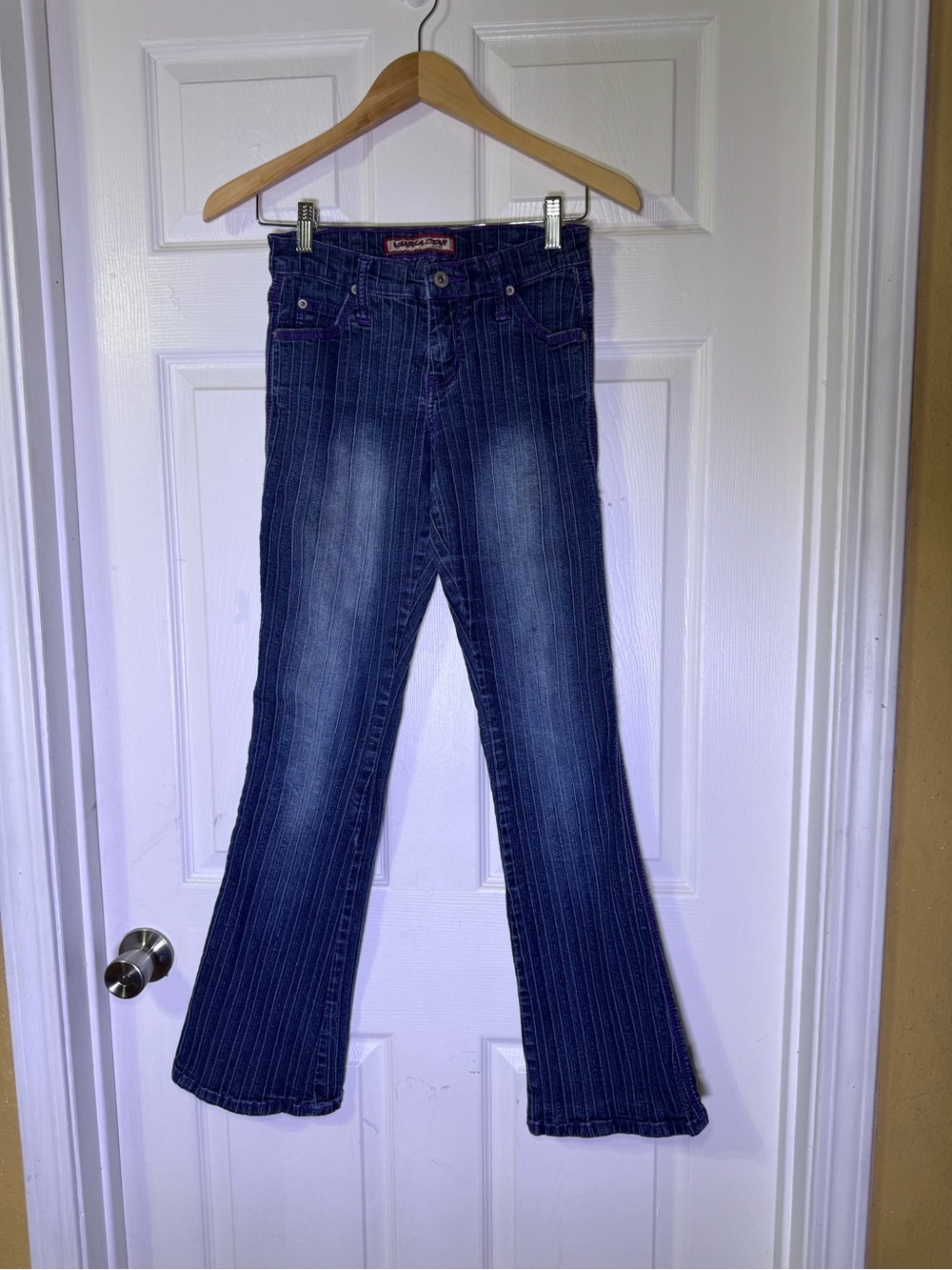 Y2K Vanilla Star Dark Indigo Pinstripe Flare Jeans